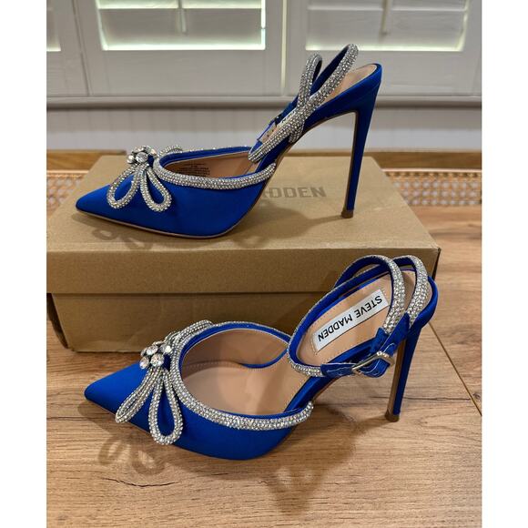 Steve Madden Viable Heels Cobalt Blue Rhinestones Bow Design Size 6.5 NIB Dressy - Picture 3 of 12